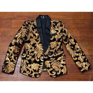 Gold Sequin Damask Blazer Black Velvet Shawl Lapel Single Button Party Jacket